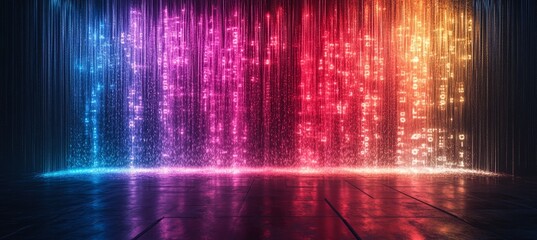 Poster - Colorful matrix data rainfall on virtual digital space portal. Wireless data transfer. Generative AI technology.	
