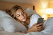 © PlanetOfVectors - Woman lying in bed holding a smartphone, relaxed with a lamp-lit background, warm tones, serene atmosphere, concept of leisure and comfort. Ai generative