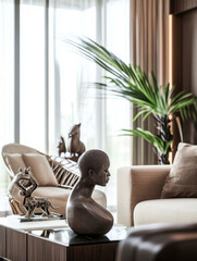 Canvas Print - modern living room featuring decorative sculpture, elegant furniture, and lush greenery. serene atmosphere is enhanced by natural light streaming through large windows