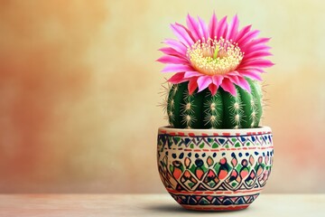 Wall Mural - A colorful vector of a cute cactus with a glossy pink bloom, sitting in a patterned ceramic pot.