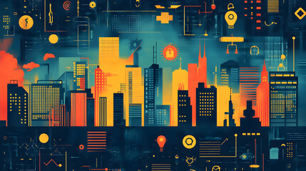 Poster - A vibrant city skyline filled with digital icons and symbols representing technology and connectivity.