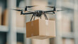© VERTEX SPACE - drone delivering cardboard box in warehouse setting, showcasing modern logistics and technology. scene highlights efficiency and innovation in delivery services
