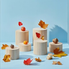 Wall Mural - Autumnal display with pumpkins, leaves, and wood.