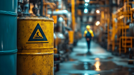 Poster - Industrial scene featuring a warning barrel and a worker in a factory setting.