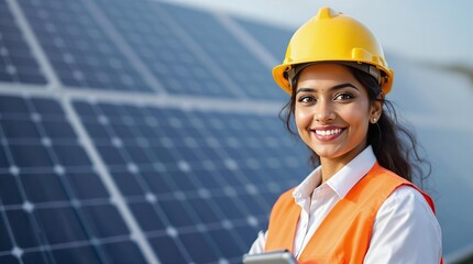 smiling engineer in safety gear with solar panels