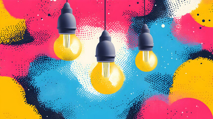 Poster - A vibrant illustration featuring hanging light bulbs against a colorful abstract background.
