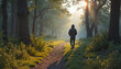 © Irina - Solitary man walking on a forest path during sunrise, embracing solitude