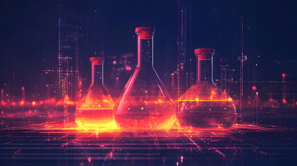 Poster - Three glowing laboratory flasks amidst a digital backdrop, symbolizing scientific exploration.