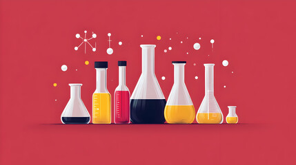 Poster - A collection of laboratory glassware filled with colorful liquids against a red background.