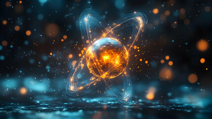 Poster - A glowing atom representation with vibrant particles and energy effects.