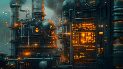 Poster - A futuristic industrial complex with glowing elements and intricate machinery.
