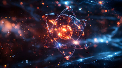 Poster - A vibrant depiction of an atom, showcasing energy and particles in a cosmic environment.