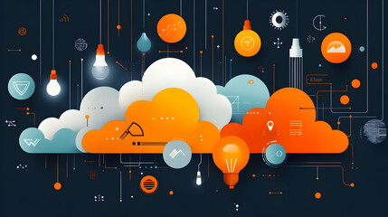 Poster - Abstract illustration of clouds and light bulbs representing ideas and technology.