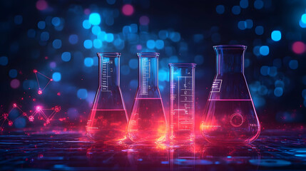 Poster - Colorful laboratory glassware with glowing liquids against a vibrant background.