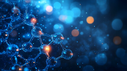 Poster - Abstract representation of molecular structures with glowing particles in a digital environment.