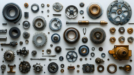 Poster - A collection of mechanical parts and gears arranged artistically on a flat surface.
