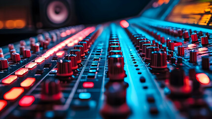 Poster - A close-up of a modern audio mixing console with illuminated controls and buttons.
