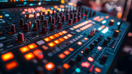 Poster - A close-up view of a music production interface with illuminated buttons and knobs.