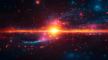 Poster - A vibrant cosmic scene depicting swirling colors and bright particles in a vast space.