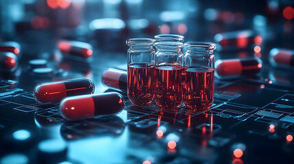 Poster - A digital display featuring vials of liquid and capsules, highlighting pharmaceutical research.