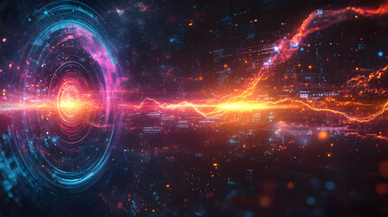 Poster - A vibrant, futuristic digital landscape featuring energy waves and abstract patterns.