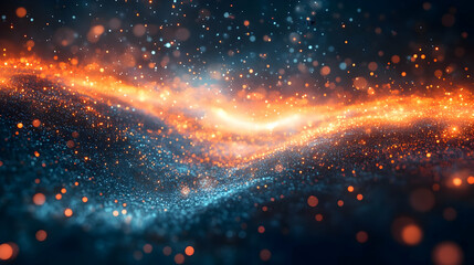 Poster - A vibrant abstract representation of glowing particles in a wave-like formation.