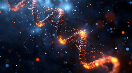 Poster - A digital representation of a DNA helix with glowing particles and a cosmic background.