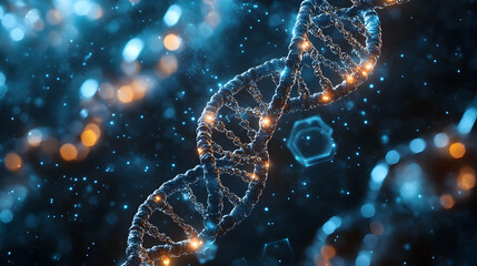 Poster - A close-up view of a DNA double helix with glowing elements, symbolizing genetic research.