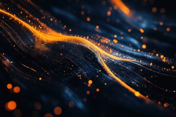 Poster - abstract glowing orange and blue particles wave.