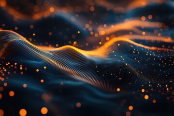 Poster - Abstract wavy dark blue and orange glowing particles background.