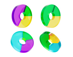 Poster - Transparent multicolored 3D donut charts isolated on white background. 3D Rendering