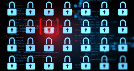 Poster - Digital padlock icons with a highlighted red lock on a dark background depicting data security and vulnerability concepts. 3D Rendering