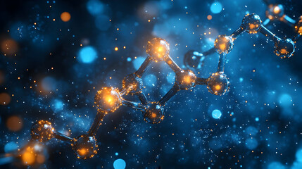 Poster - A digital representation of a molecular structure with glowing particles and a dynamic background.