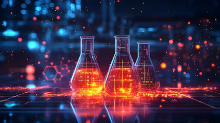 Poster - Three glowing laboratory flasks with vibrant liquids in a futuristic setting.