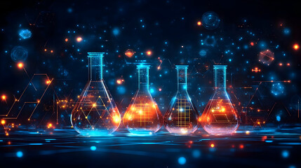 Poster - A digital illustration of laboratory glassware with glowing effects, representing scientific research.