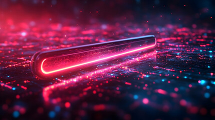 Poster - A glowing neon bar amidst a digital landscape of vibrant particles and lights.
