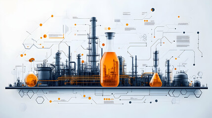 Poster - A digital illustration of an industrial setup with laboratory glassware and data visualizations.