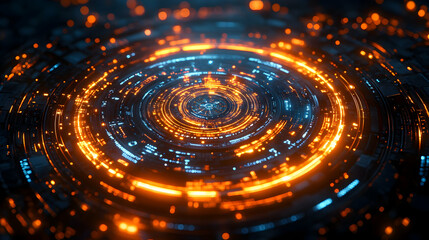 Poster - Abstract digital design featuring circular patterns with glowing orange and blue elements.