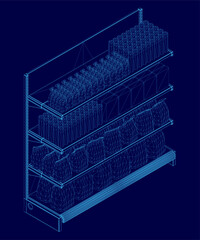 Poster - Blue image of a store shelf with many items on it. The shelf is divided into four sections, and the items are arranged in a way that makes it easy to see what is available. Isometric view