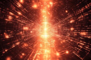 Poster - Abstract orange digital tunnel with glowing particles and binary code.