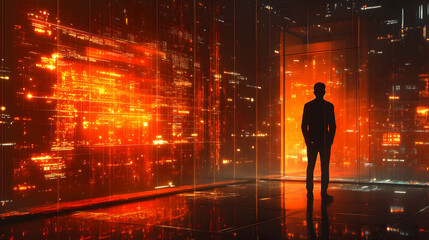 Poster - A silhouette stands in a futuristic, glowing environment filled with digital patterns and lights.
