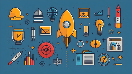 Poster - A vibrant illustration featuring business and innovation icons like rockets, light bulbs, and graphs.