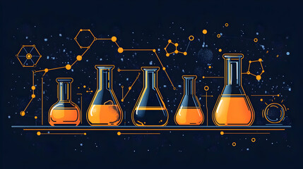 Poster - A collection of laboratory glassware filled with orange liquids, representing scientific research.