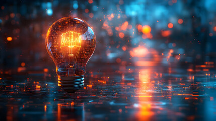 Poster - A glowing light bulb amidst a digital, abstract background.