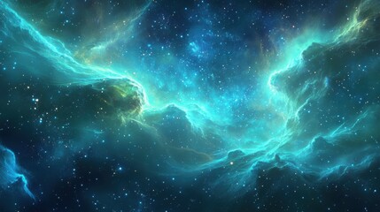 dynamic galaxy with merging electric blue and neon green tones, where stars twinkle brightly amidst swirling cosmic clouds, offering a futuristic and energetic feel