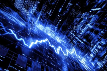 Poster - Futuristic cityscape with dynamic data flow and stock market graph.