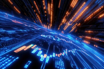 Fototapete - Futuristic digital data stream, glowing blue and orange lines converging towards the viewer.