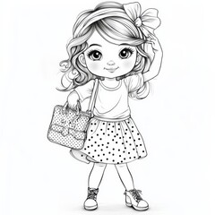 Sweet Little Fashionista: A charming illustration of a little girl with big, expressive eyes, wearing a polka dot skirt and a stylish handbag, showcasing a playful and fashionable personality.