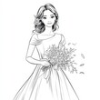 © Andrew - Elegant Bride with Bouquet: A charming illustration of a bride in a flowing wedding gown, holding a beautiful bouquet of flowers.  The image is rendered in elegant black and white line art style.