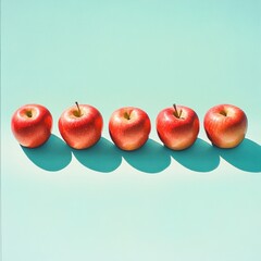 Wall Mural - Five red apples in a row on a light blue background, casting shadows.